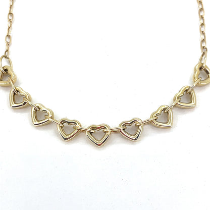14K Yellow Gold Necklace | Oval Link Hearts Design, 18 inch