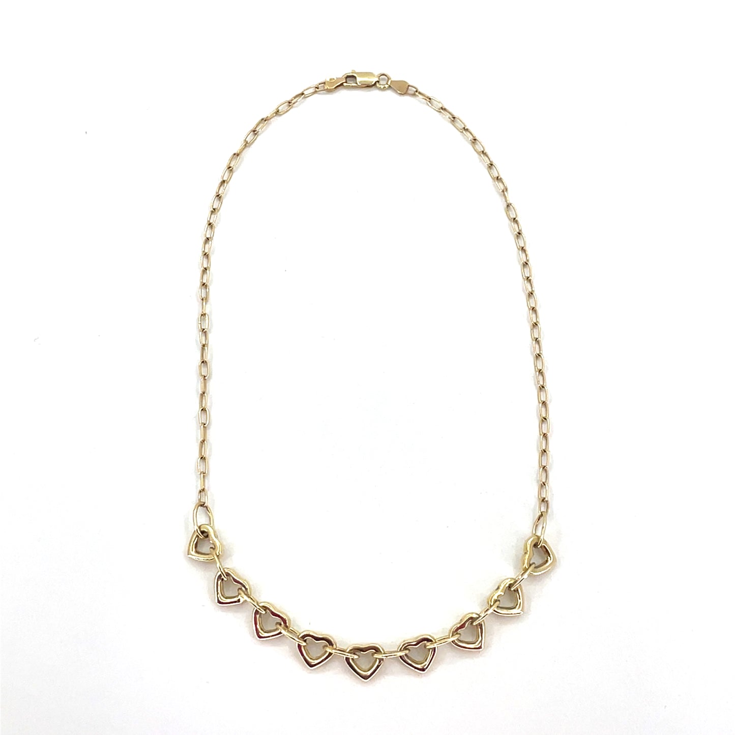 14K Yellow Gold Necklace | Oval Link Hearts Design, 18 inch