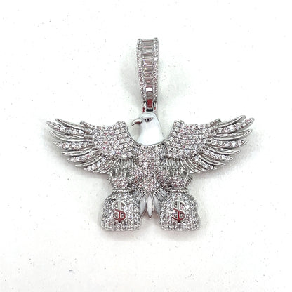 Sterling Silver Men’s Pendant | Bald Eagle with money bags Design, CZ