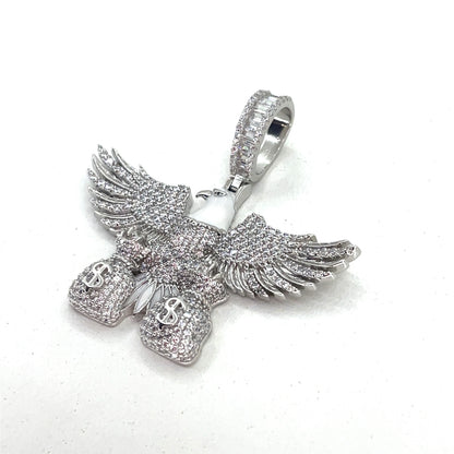 Sterling Silver Men’s Pendant | Bald Eagle with money bags Design, CZ