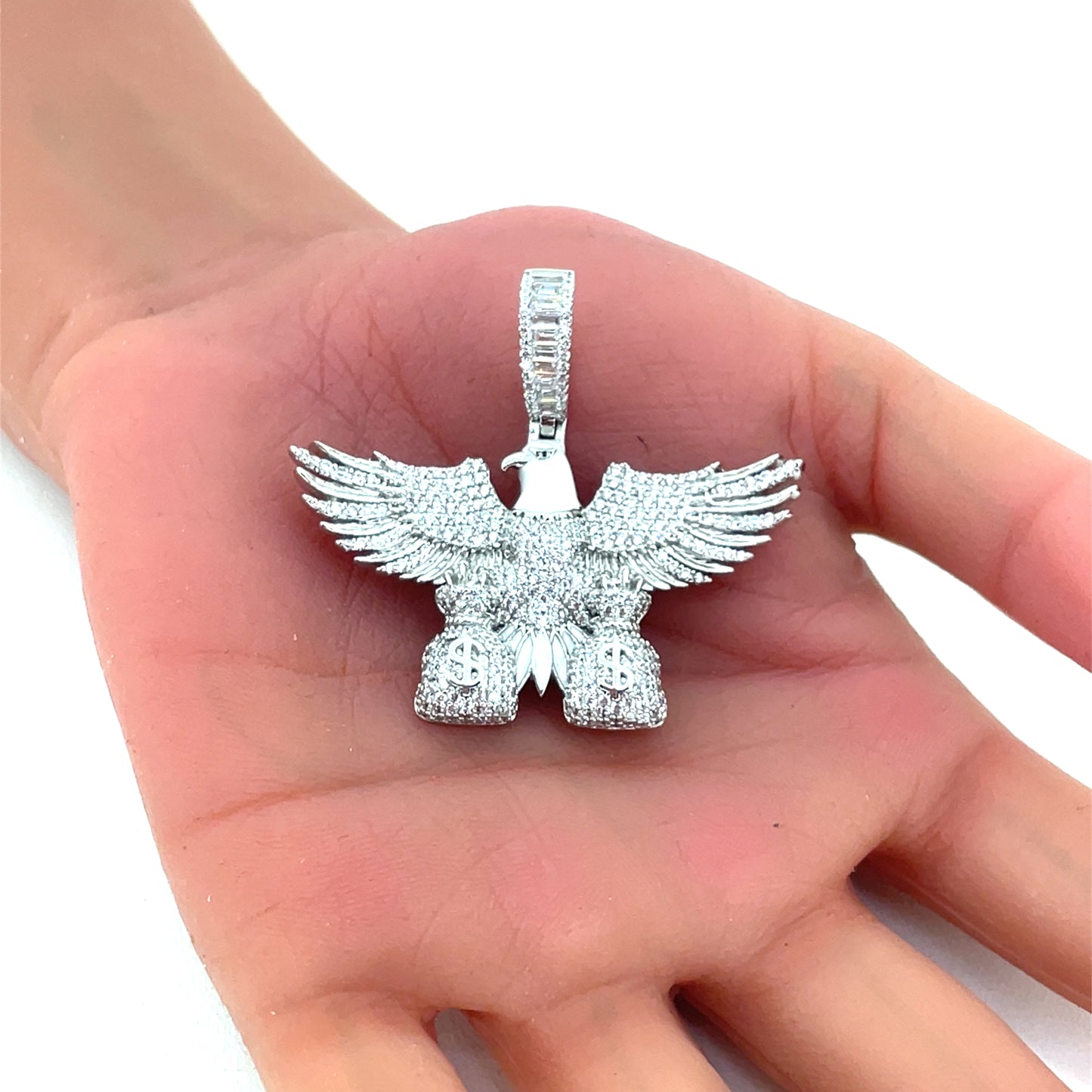 Sterling Silver Men’s Pendant | Bald Eagle with Bags Design, CZ