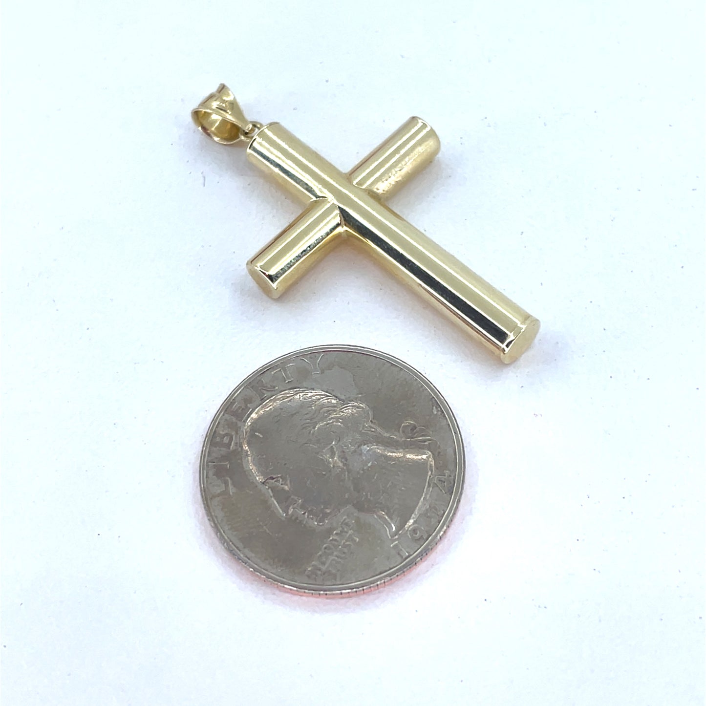 14K Yellow Gold Cross Pendant | Hollow Polished Round Cross