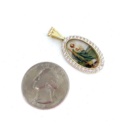 14K Yellow Gold CZ San Judas St Jude Pendant | CZ Oval San Judas Picture