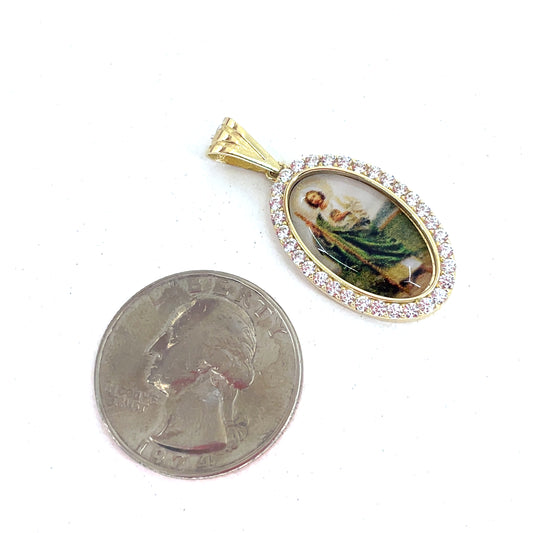 14K Yellow Gold CZ San Judas St Jude Pendant | CZ Oval San Judas Picture