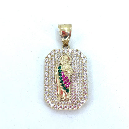 14K Yellow Gold Pendant | CZ San Judas Saint Jude Colored Rectangle Design