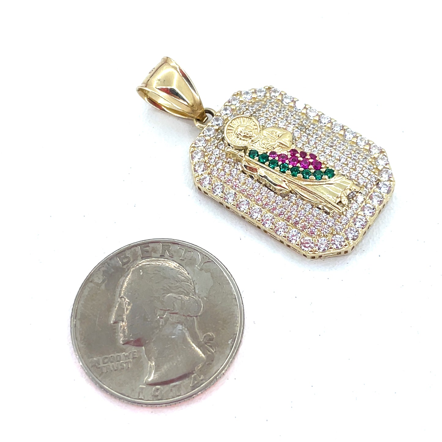 14K Yellow Gold Pendant | CZ San Judas Saint Jude Colored Rectangle Design
