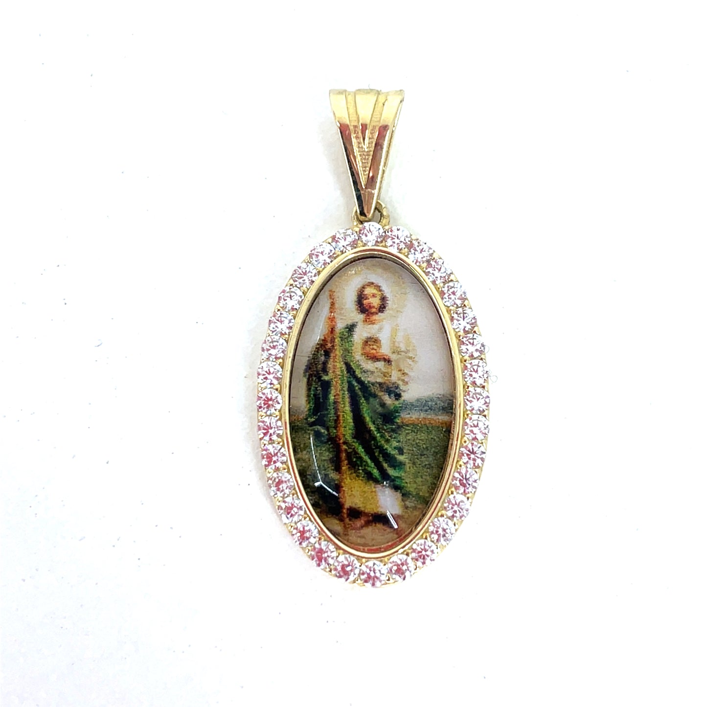 14K Yellow Gold CZ San Judas St Jude Pendant | CZ Oval San Judas Picture