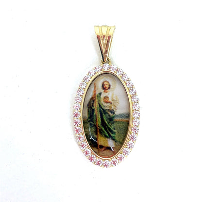 14K Yellow Gold CZ San Judas St Jude Pendant | CZ Oval San Judas Picture