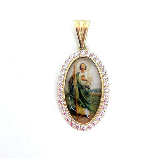 14K Yellow Gold CZ San Judas St Jude Pendant | CZ Oval San Judas Picture