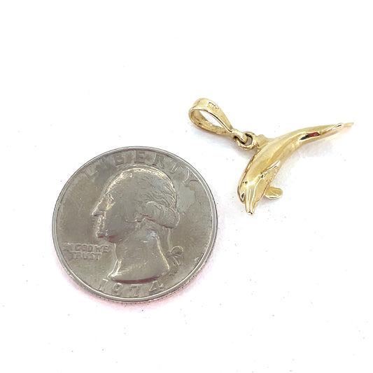 14K Yellow Gold Dolphin Pendant | Small hollow 3D Dolphin Design