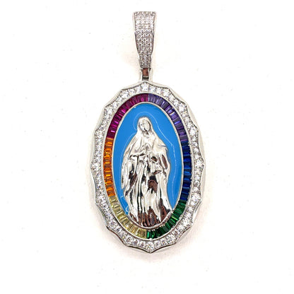 Sterling Silver Pendant | Multi Colored Oval Virgin Mary Guadalupe, Enamel and CZ
