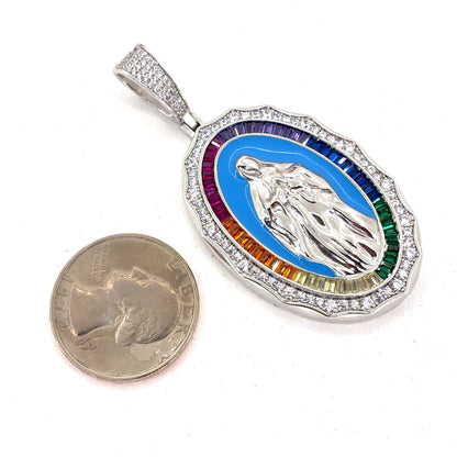 Sterling Silver Pendant | Multi Colored Oval Virgin Mary Guadalupe, Enamel and CZ