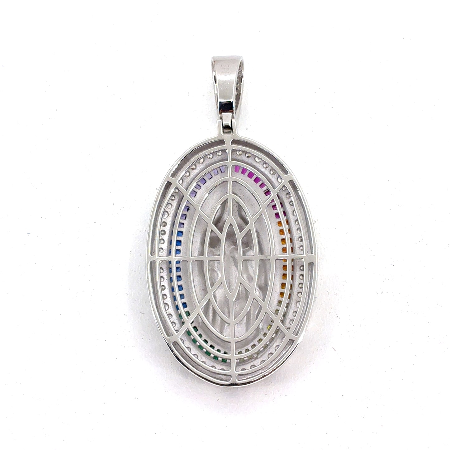 Sterling Silver Pendant | Multi Colored Oval Virgin Mary Guadalupe, Enamel and CZ