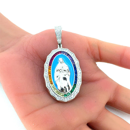 Sterling Silver Pendant | Multi Colored Oval Virgin Mary Guadalupe, Enamel and CZ