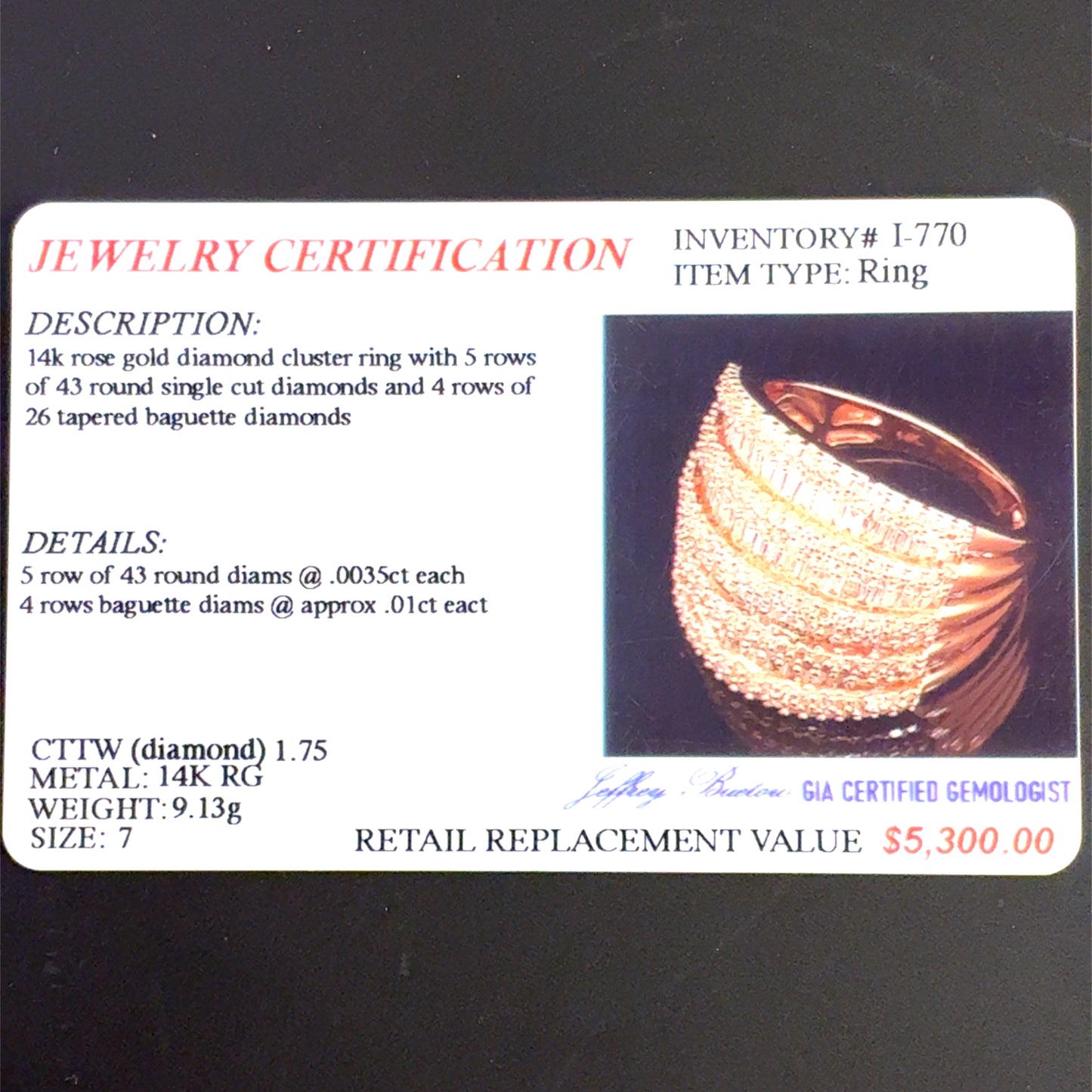 14K Rose Gold Ring | Diamond Baguette and Round Cluster 1.75 TCW, Size 7