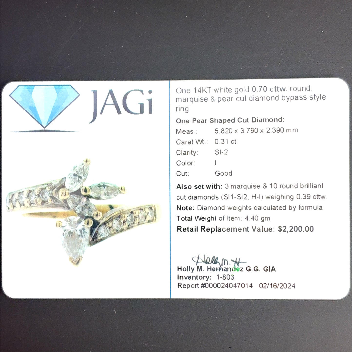 14K White Gold Ring | Marquis Diamond Bypass Design 0.70 TCW, Size 6