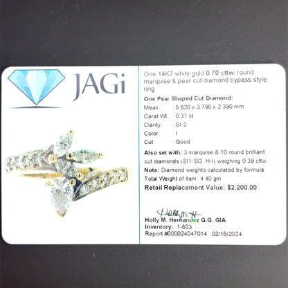 14K White Gold Ring | Marquis Diamond Bypass Design 0.70 TCW, Size 6