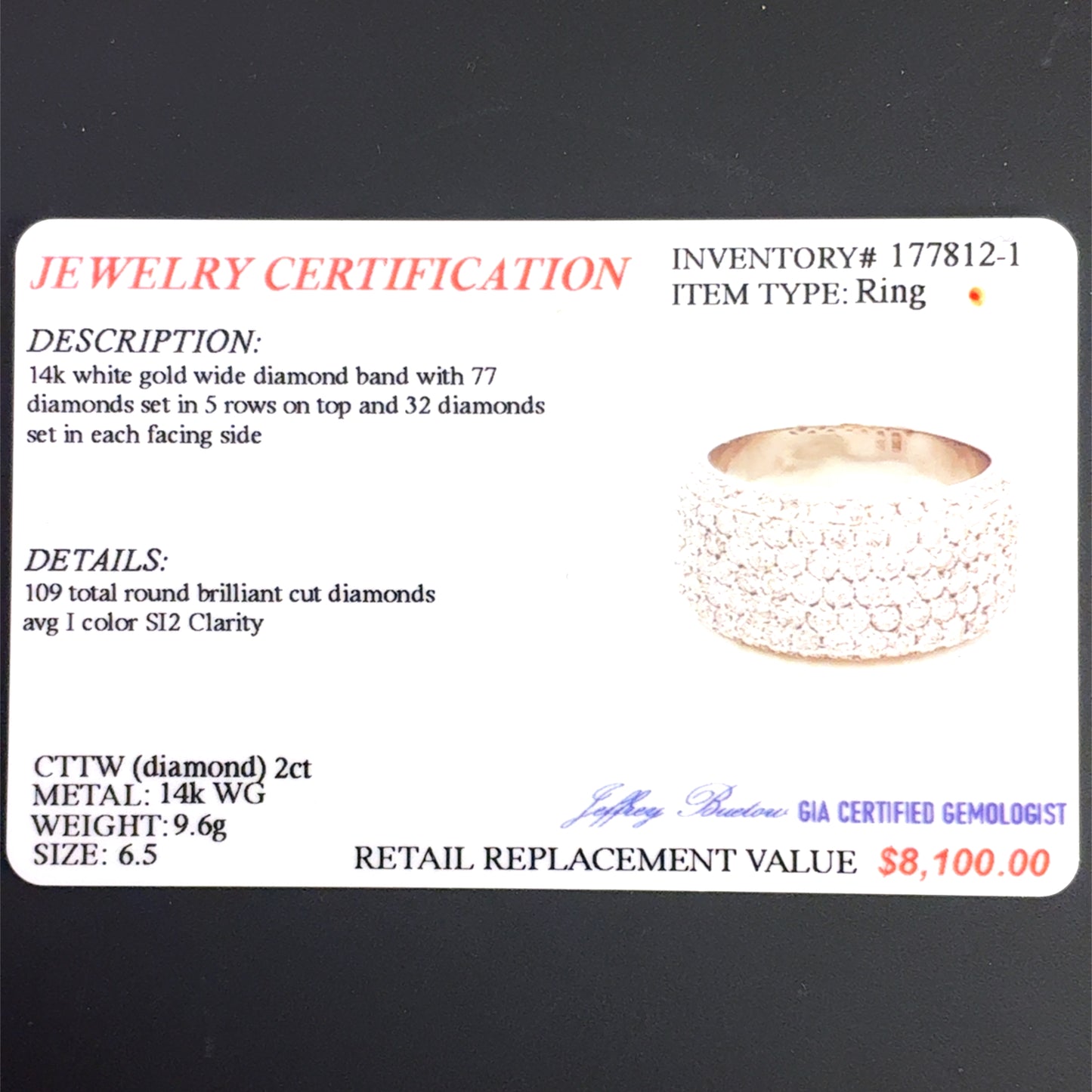 14K White Gold Ring | Wide Diamond Band Design 2.00 CTW, Size 6.5