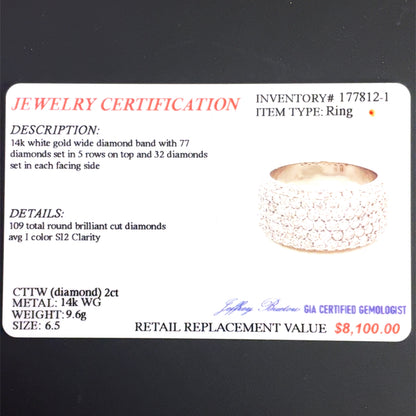 14K White Gold Ring | Wide Diamond Band Design 2.00 CTW, Size 6.5