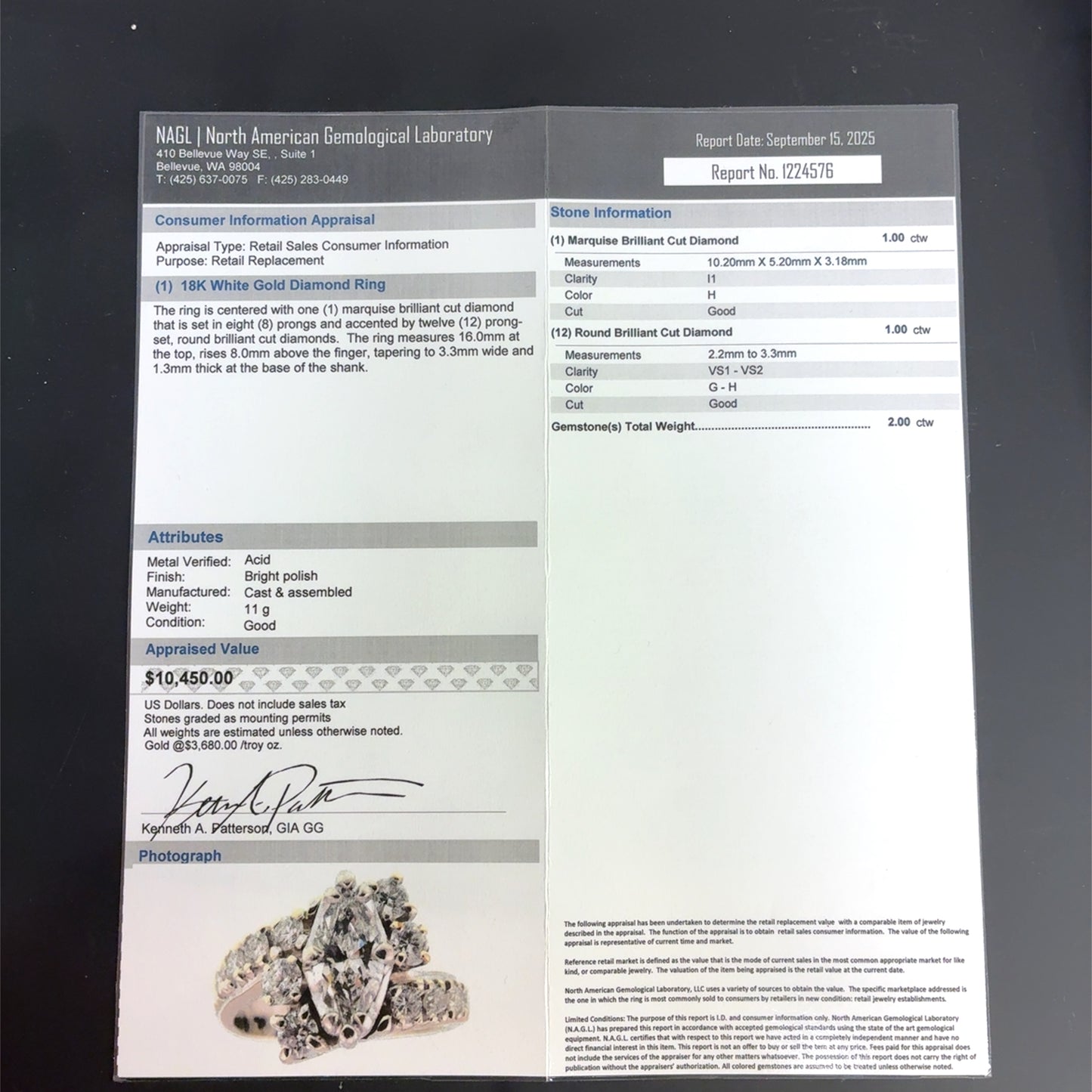 18K White Gold Ring | Diamond Marquise Design 2.00 TCW – Size 6