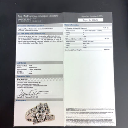 18K White Gold Ring | Diamond Marquise Design 2.00 TCW – Size 6