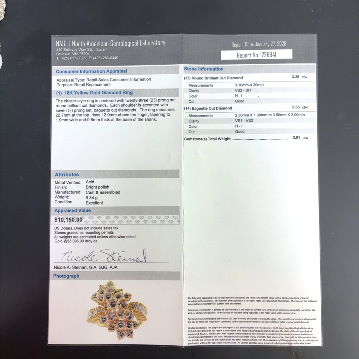 18K Yellow Gold Natural Diamond Cluster Ring Waterfall Style | Round, Baguette diamonds 3.91 TCW H-I color VS clarity, Size 5.5