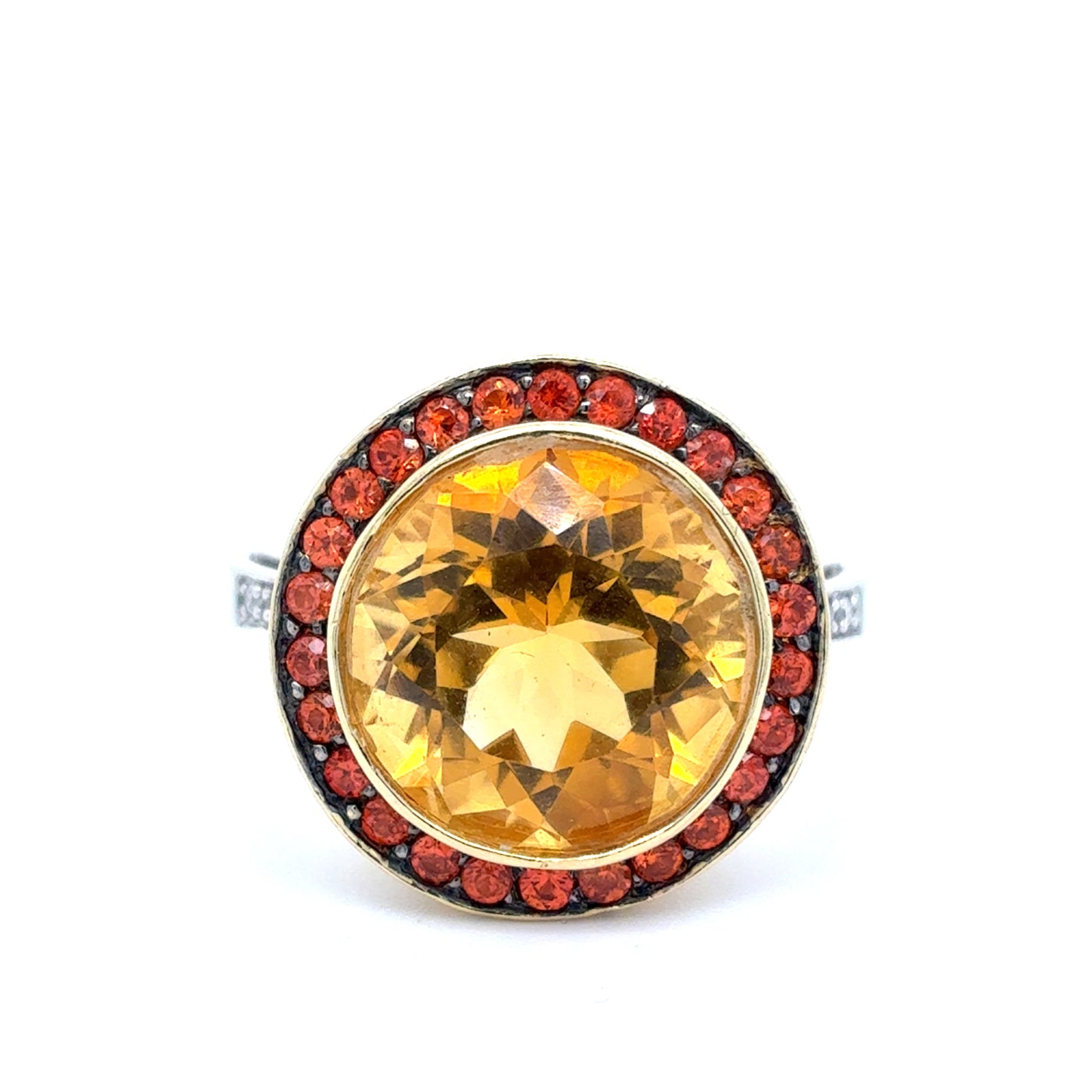 14K Two Tone Gold Citrine & Diamond Ring | Round Citrine with Sapphire Halo 7.29 CTW, Size 7.5