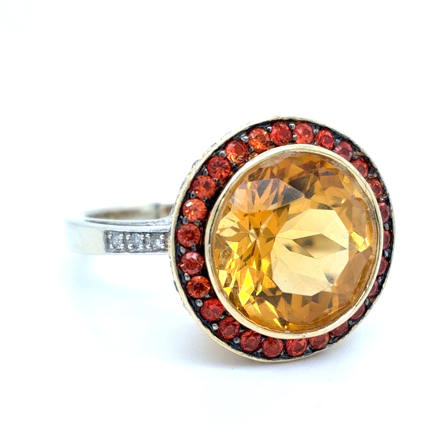 14K Two Tone Gold Citrine & Diamond Ring | Round Citrine with Sapphire Halo 7.29 CTW, Size 7.5