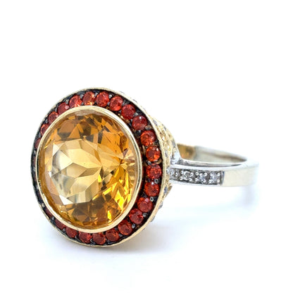 14K Two Tone Gold Citrine & Diamond Ring | Round Citrine with Sapphire Halo 7.29 CTW, Size 7.5