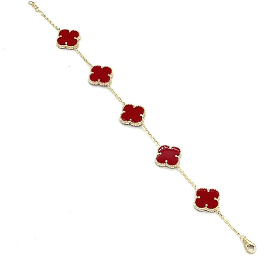 14K Yellow Gold Red Clover Bracelet | 7" Inches