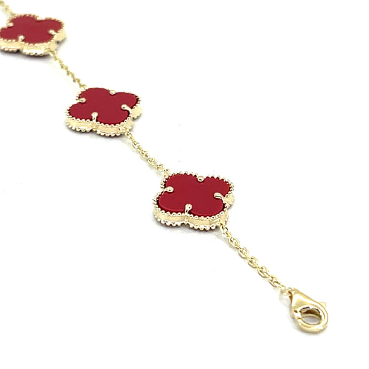 14K Yellow Gold Red Clover Bracelet | 7" Inches