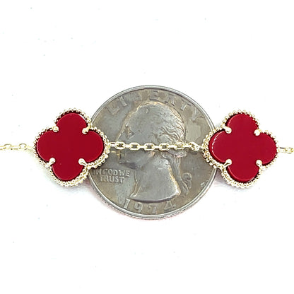 14K Yellow Gold Red Clover Bracelet | 7" Inches