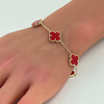 14K Yellow Gold Red Clover Bracelet | 7" Inches