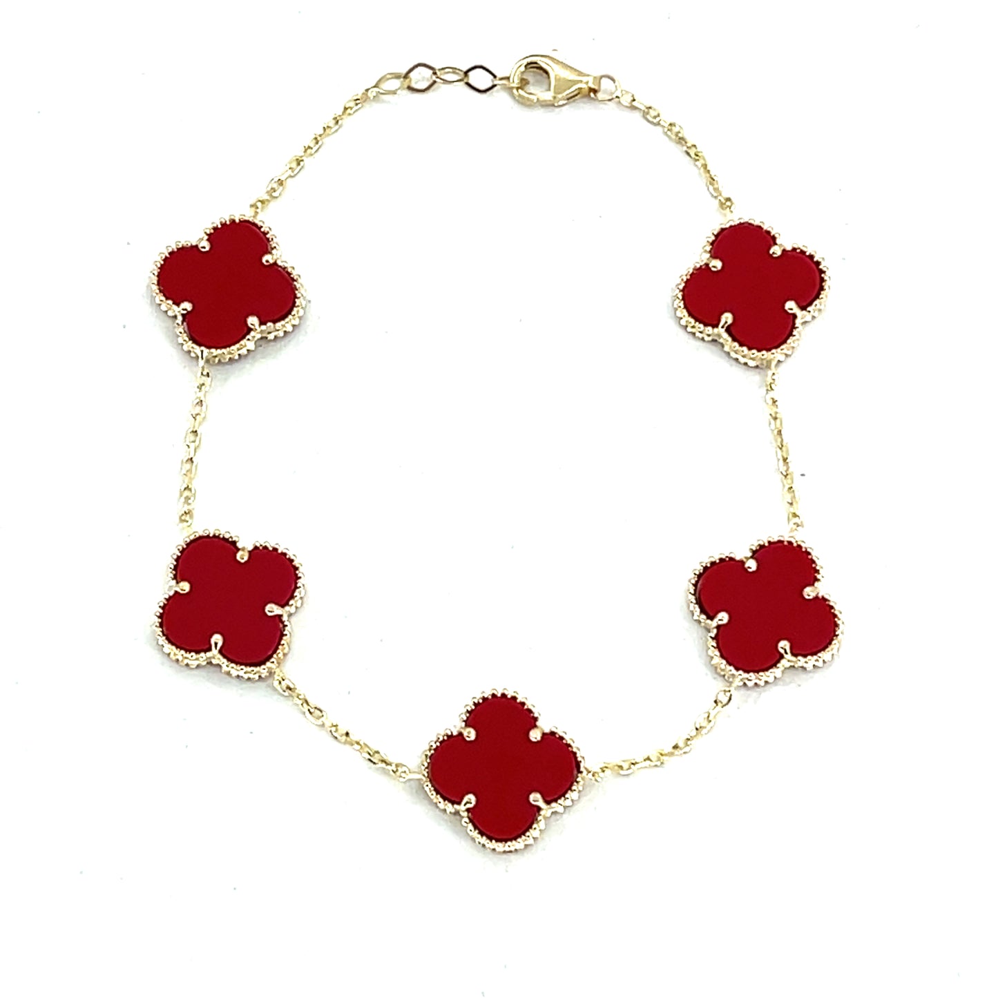 14K Yellow Gold Red Clover Bracelet | 7" Inches