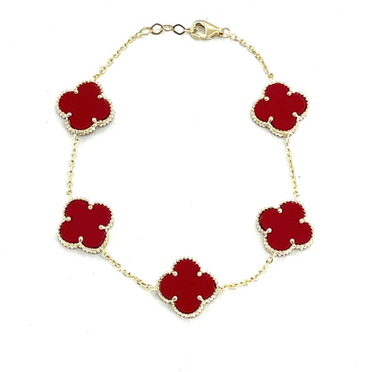 14K Yellow Gold Red Clover Bracelet | 7" Inches