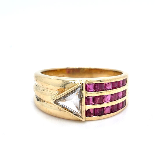 18K Yellow Gold Ruby and Diamond Ring | Triangle Diamond .50CT I SI1, .09CT Rubies, Size 7