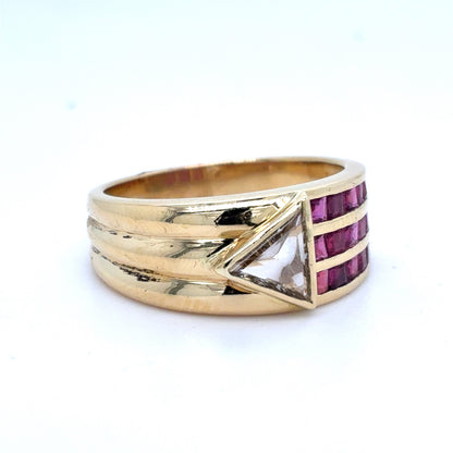 18K Yellow Gold Ruby and Diamond Ring | Triangle Diamond .50CT I SI1, .09CT Rubies, Size 7