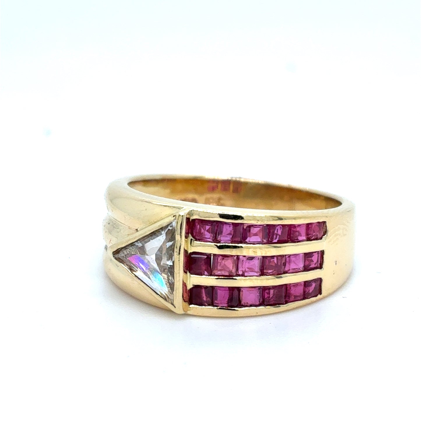 18K Yellow Gold Ruby and Diamond Ring | Triangle Diamond .50CT I SI1, .09CT Rubies, Size 7