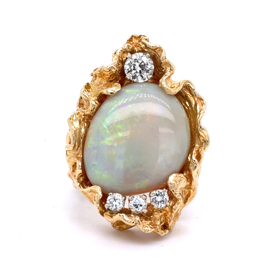 18K Yellow Gold Brutalist style Opal and Old Cut Diamond Ring |  Opal 8.48ct, Diamond .77TCW, Size 9.5
