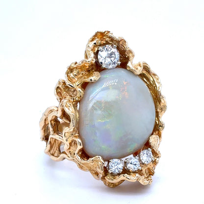18K Yellow Gold Brutalist style Opal and Old Cut Diamond Ring |  Opal 8.48ct, Diamond .77TCW, Size 9.5