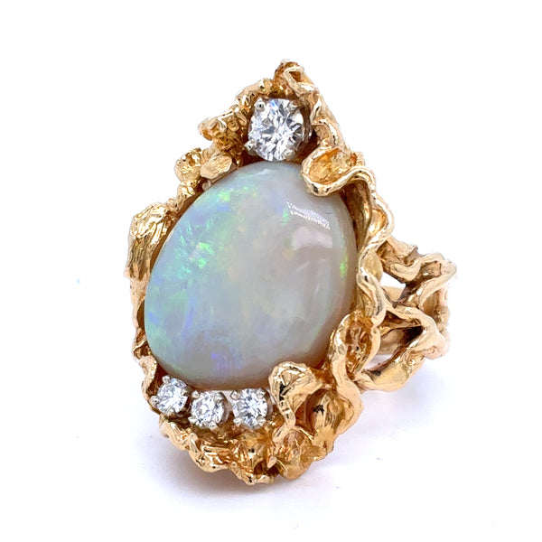 18K Yellow Gold Brutalist style Opal and Old Cut Diamond Ring |  Opal 8.48ct, Diamond .77TCW, Size 9.5