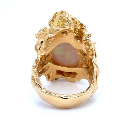 18K Yellow Gold Brutalist style Opal and Old Cut Diamond Ring |  Opal 8.48ct, Diamond .77TCW, Size 9.5