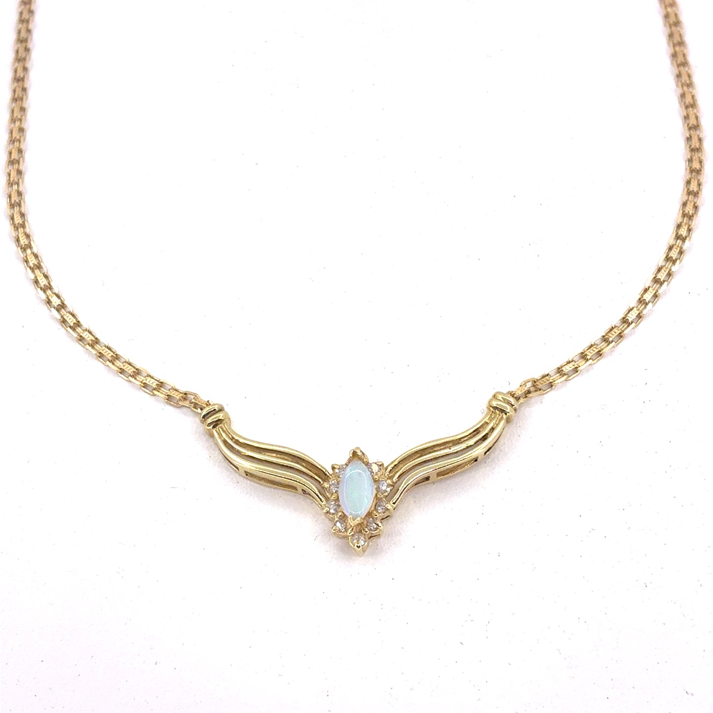 14K Yellow Gold Pendant Necklace | Marquise Opal with Diamond halo, 18 inches