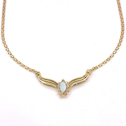 14K Yellow Gold Pendant Necklace | Marquise Opal with Diamond halo, 18 inches