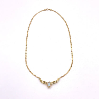 14K Yellow Gold Pendant Necklace | Marquise Opal with Diamond halo, 18 inches