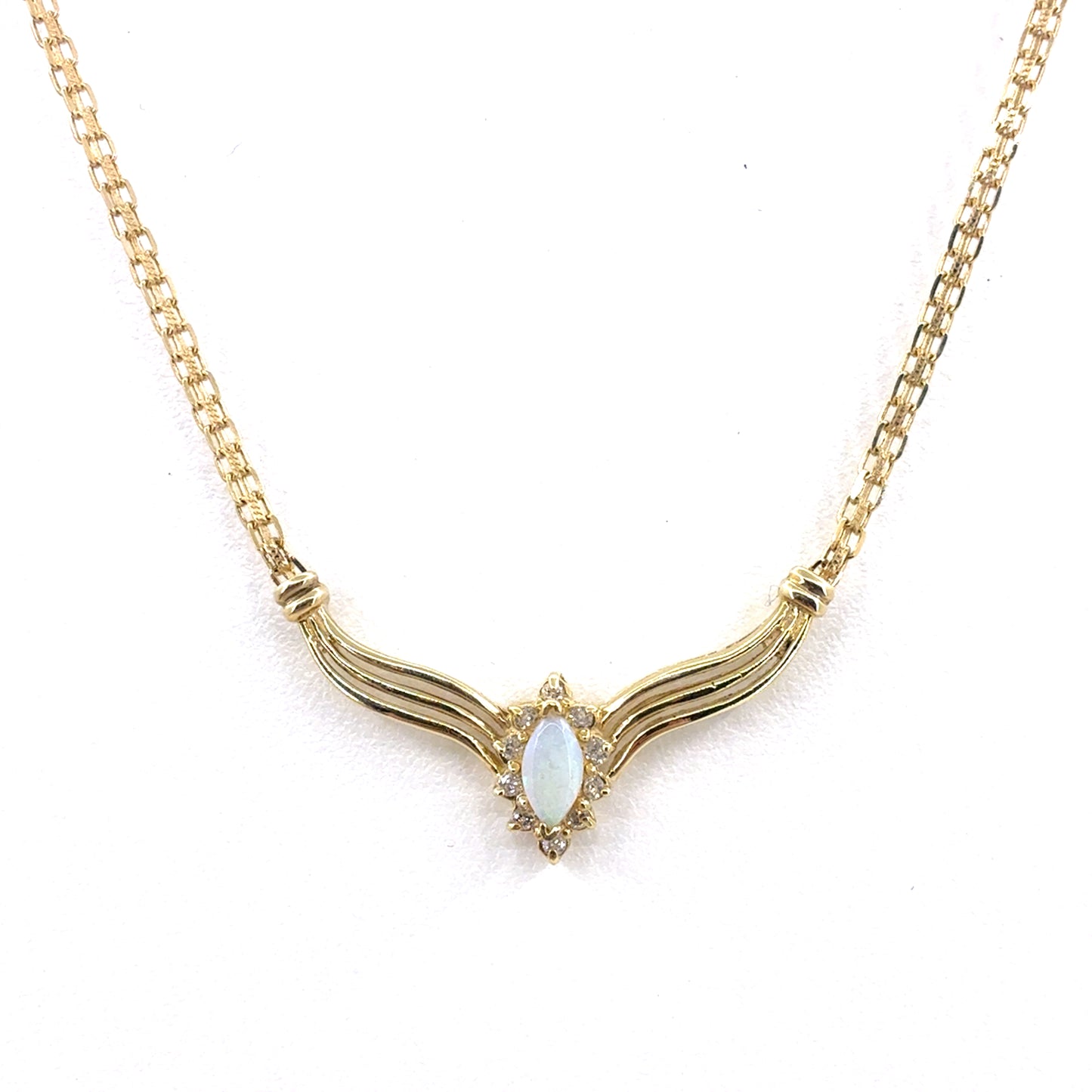 14K Yellow Gold Pendant Necklace | Marquise Opal with Diamond halo, 18 inches