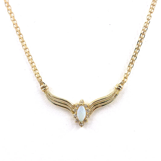 14K Yellow Gold Pendant Necklace | Marquise Opal with Diamond halo, 18 inches