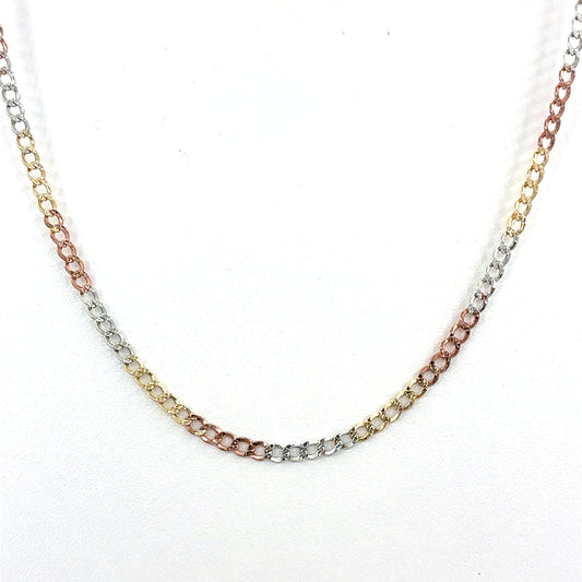 14K Tri Color Gold Necklace | Hollow Cuban Design, 16 inch