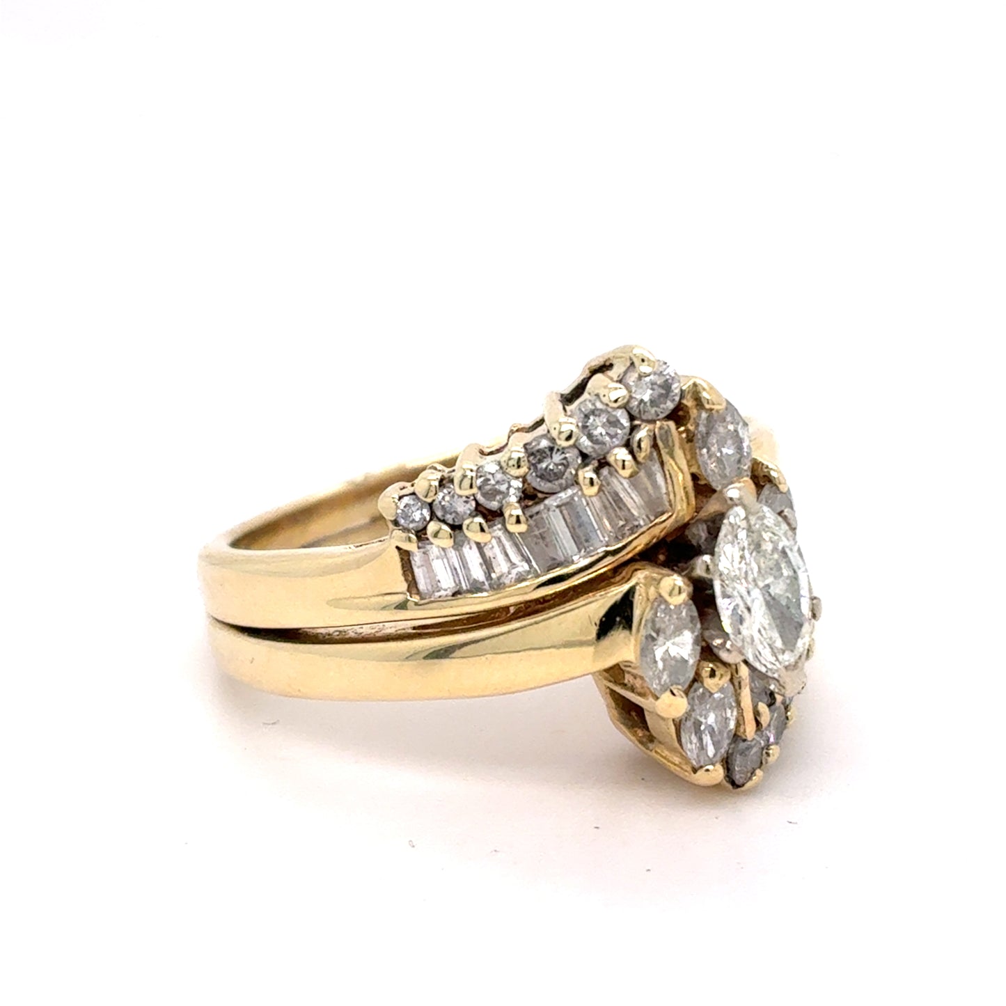 14K Yellow Gold Diamond Wedding Set | Marquise Brilliant Center with Marquise, Round & Baguette Diamonds 1.22 TCW, Size 6.5