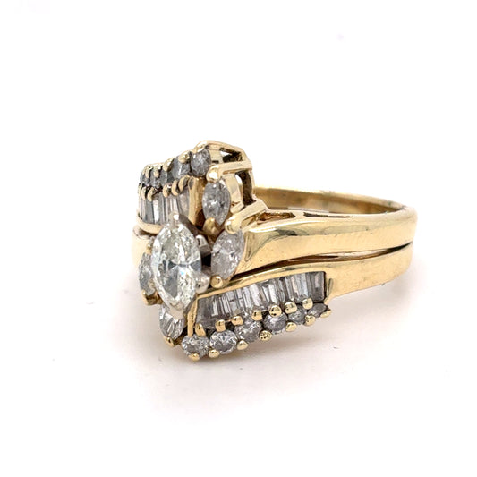 14K Yellow Gold Diamond Wedding Set | Marquise Brilliant Center with Marquise, Round & Baguette Diamonds 1.22 TCW, Size 6.5